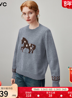 dfvc灰色慵懒风圆领毛衣女2025年冬季新款小马提花宽松短款针织衫
