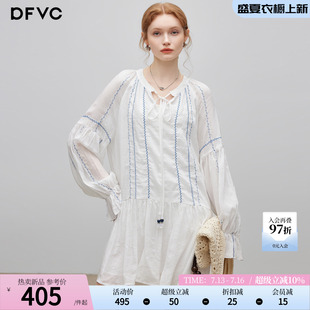 dfvc人丝苎麻白色长袖衬衫裙女2026年秋季新款系带领宽松连衣裙子