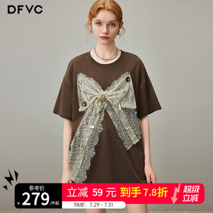 蝴蝶结蕾丝宽松上衣薄 dfvc时尚 休闲圆领短袖 t恤女2025年夏季 新款