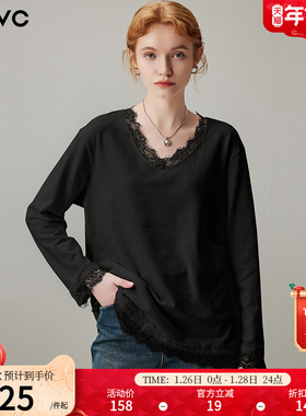 dfvc黑色蕾丝拼接V领长袖T恤女2026年春季新款低领宽松内搭打底衫