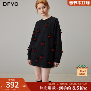 dfvc黑色休闲百搭圆领卫衣女2026年春季新款立体装饰宽松中长上衣