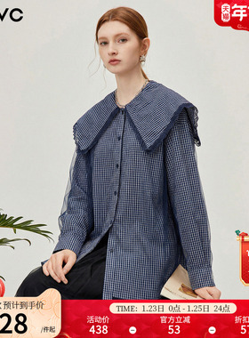 dfvc蓝色减龄海军领格子长袖衬衫女2026年春季新款网纱中长款上衣