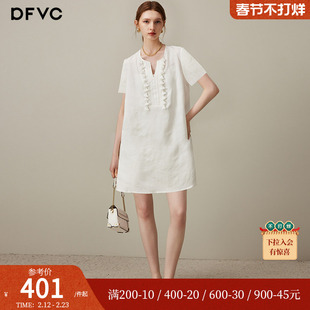 dfvc文艺天丝亚麻小个子连衣裙女2025年夏季新款V领宽松中长裙薄