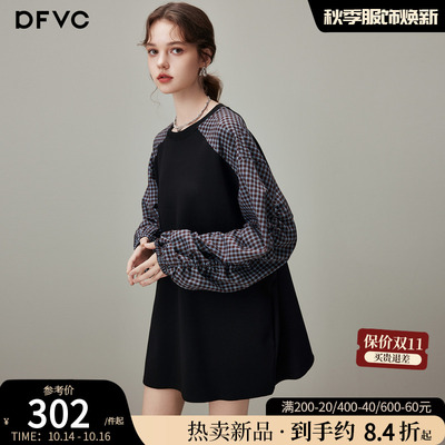dfvc美式休闲圆领卫衣裙格子短裙