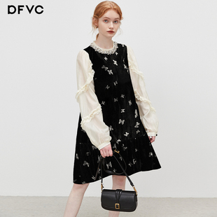 dfvc甜美风撞色拼接丝绒连衣裙女2026春季新款蝴蝶长袖裙子小黑裙