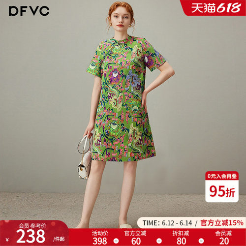 dfvc新中式国风印花连衣裙旗袍裙