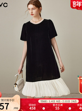 dfvc人丝黑色复古丝绒连衣裙女2025年夏季新款撞色拼接中长款裙子