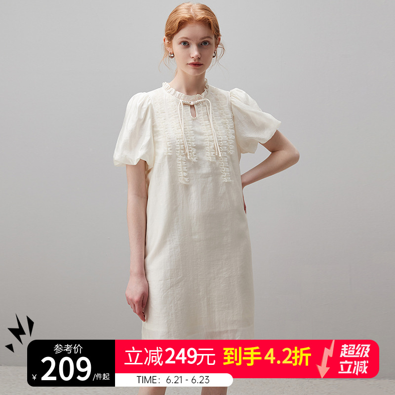 dfvc白色泡泡袖连衣裙2025新款女夏花边领木耳边网纱小个子a字裙