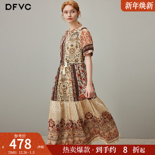度假风长裙 高腰薄款 dfvc亚麻波西米亚印花连衣裙女2025年夏季 新款