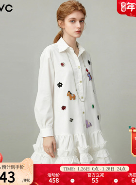 dfvc白色纯棉设计感小众衬衫裙女2026年春季新款荷叶边钉珠连衣裙