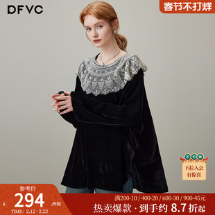 dfvc黑色复古丝绒长袖衬衫女2026年春季新款荷叶边宽松内搭上衣