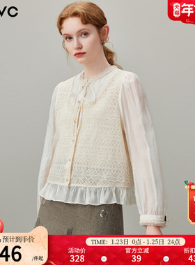 dfvc法式钩花镂空假两件长袖衬衫女2026年春季新款圆领小个子小衫