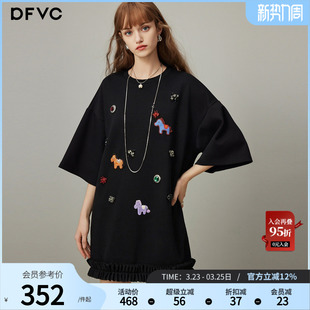 立体装 dfvc黑色时尚 新款 T恤裙女2026年春季 饰连衣裙 休闲圆领短袖