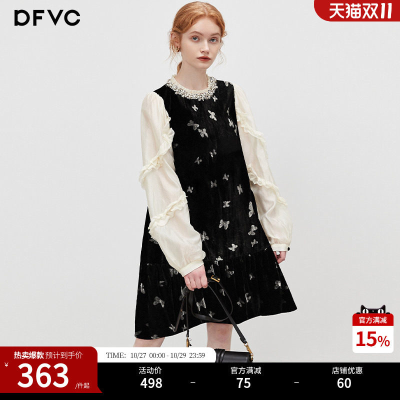 dfvc甜美风撞色拼接丝绒连衣裙女2026秋季新款蝴蝶长袖裙子小黑裙