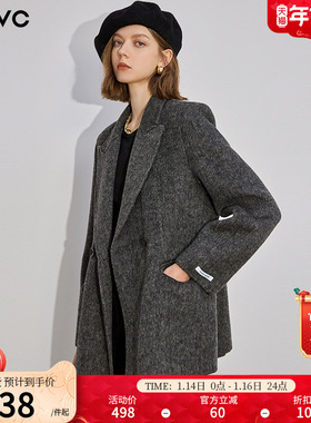 dfvc灰色通勤休闲西装绵羊毛呢外套女2025年冬季新款双面呢子大衣