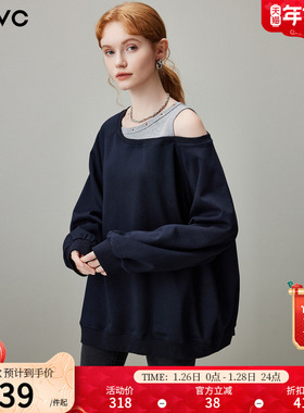dfvc韩系假两件露肩圆领套头卫衣女2025年冬季新款宽松休闲上衣潮