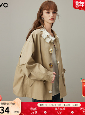 dfvc韩版纯棉短款风衣外套女2026年春季新款抽绳宽松休闲夹克上衣