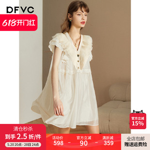 a字娃娃裙子 dfvc白色v领荷叶边天丝连衣裙女夏2024新款 宽松飞飞袖