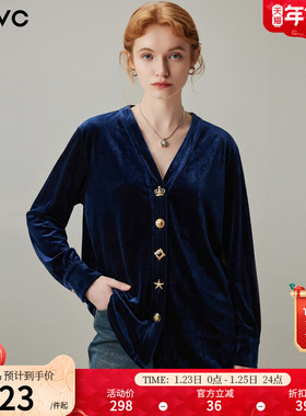 dfvc通勤风气质V领丝绒长袖衬衫女2026年春季新款中长款宽松上衣