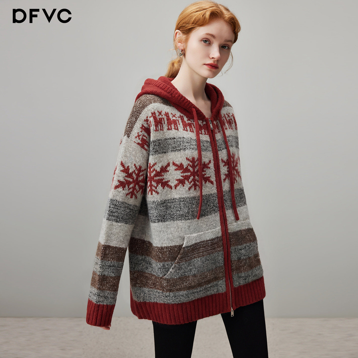 dfvc费尔岛提花连帽开衫毛衣外套女2025年冬季新款中长加厚针织衫