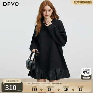 dfvc黑色韩版休闲圆领卫衣裙女2026冬季新款荷叶边宽松显瘦连衣裙