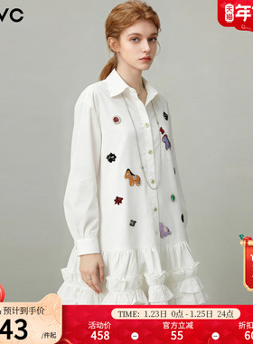 dfvc白色纯棉设计感小众衬衫裙女2026年春季新款荷叶边钉珠连衣裙
