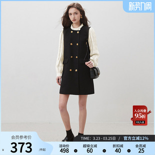 dfvc赫本风黑色连衣裙女春2026新款 小个子小黑裙子 拼接木耳边长袖