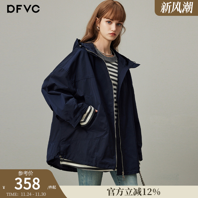 dfvc韩版连帽中长款风衣宽松工装