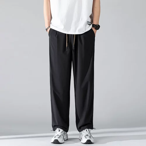 Летние шелковые быстросохнущие тонкие штаны для отдыха, оверсайз, свободный прямой крой, на шнурках