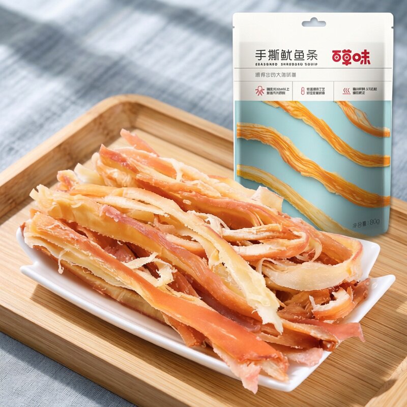 百草味手撕鱿鱼条80g即食鱿鱼丝小鱿鱼干特产海鲜海味休闲零食