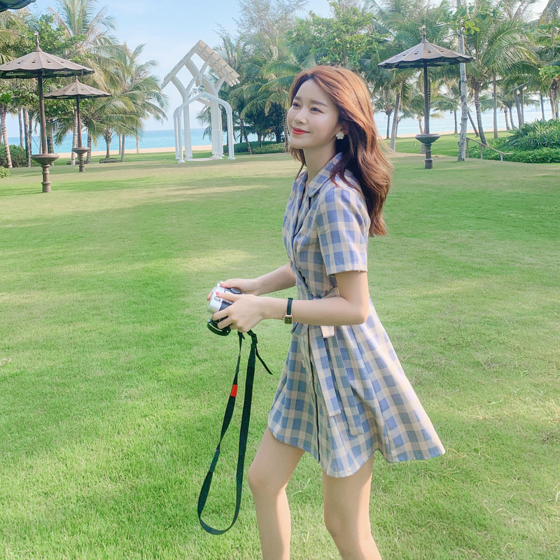 格子西装连衣裙女夏季2020新款小个子女神范收腰显瘦气质仙女裙子