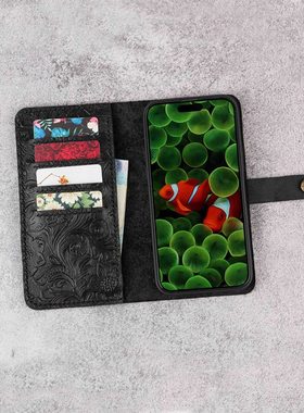 手工适用于苹果iPhone黑色紫色唐草纹疯马皮多卡包皮夹手机钱包头层牛皮欧美复古美式手机套W10-IPBMW女士