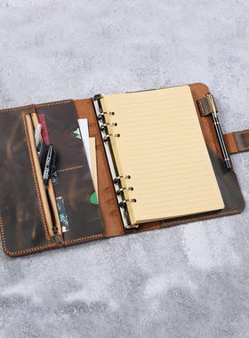 A5活页夹记事本手帐本手工缝纫真皮疯马皮复古插销款N02-NBA505J
