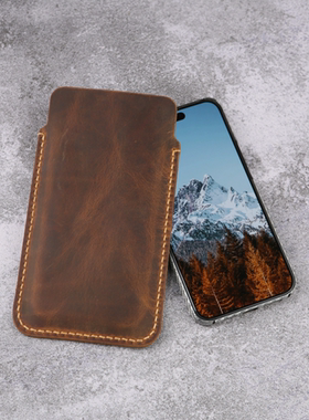 手缝适用于苹果iPhone复古棕疯马皮头层牛皮欧美复古美式手机套W12-IP05S