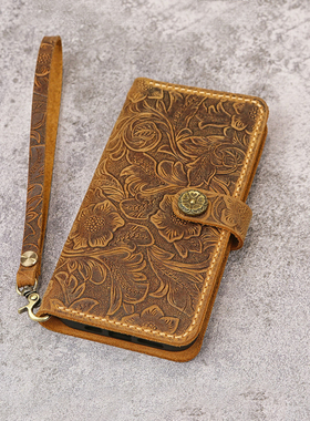 手缝适用于苹果iPhone黄棕唐草纹疯马皮多卡包皮夹手机钱包头层牛皮欧美复古美式手机套IP20MW-B女士