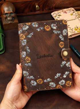 手工油画彩绘A6活页记事本手帐真皮牛皮复疯马皮古欧美V05-LHA6B