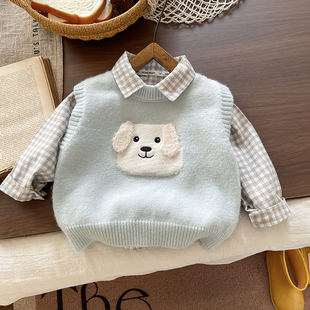 男童针织马甲套装2025新款春秋装儿童韩版格子衬衫宝宝秋季两件套