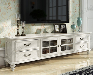 美式 橡木客厅电视柜茶几组合整套家具欧式 实木白色做旧电视柜法式