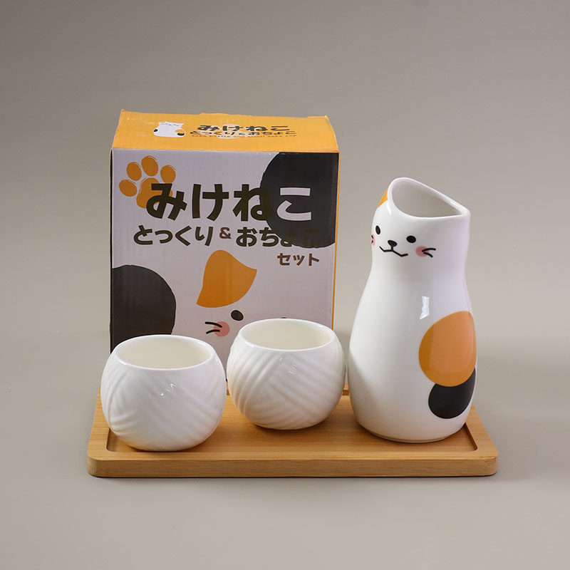 出口日本日式陶瓷清酒壶猫咪酒杯酒具一壶二杯温酒器酒柜摆件托盘