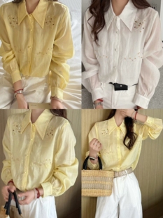 麻料珠片刺绣黄色长袖衬衫女26年春季新款气质衬衣上衣白镂空轻奢