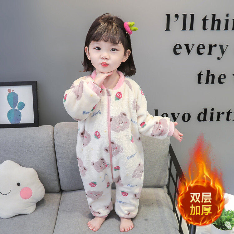 儿童珊瑚绒连体睡衣秋冬款加绒加厚婴儿女宝宝睡袋女童法兰绒爬服