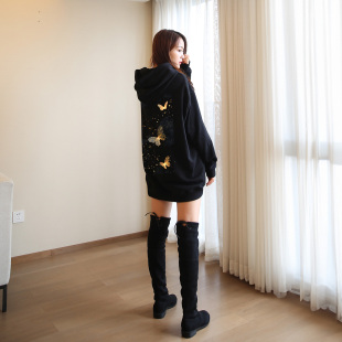 2025初秋加绒卫衣女款宽松中长款遮屁股连帽美式加厚款外套