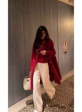 N.COU妮蔻25冬新款轻奢时髦气质高定简约红色100绵羊毛长款外套