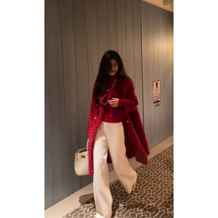 N.COU妮蔻25冬新款 外套 轻奢时髦气质高定简约红色100绵羊毛长款