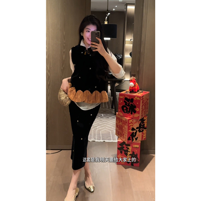 N.COU妮蔻25冬新款贵气轻奢感钉珠撞色黑色丝绒马甲半裙套装