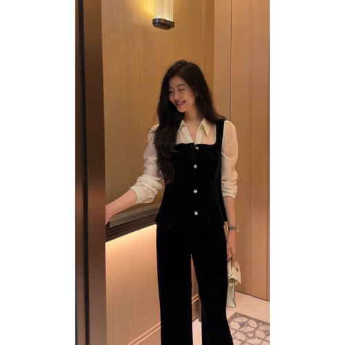 N.COU妮蔻25秋新款时尚大方气质通勤风假两件拼接丝绒收腰上衣女