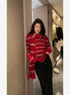 N.COU妮蔻25冬新款时髦花纹百搭100绵羊毛红色圣诞新年毛衣开衫