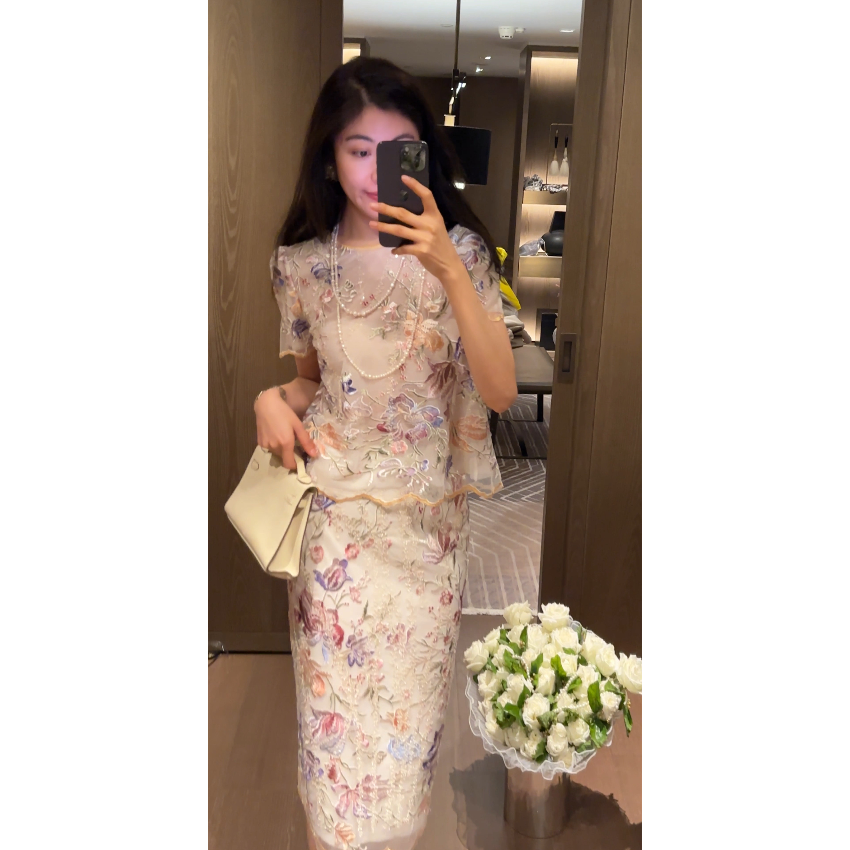 N.COU妮蔻26夏新款重工刺绣花朵两件套女复古设计感上衣半裙套装