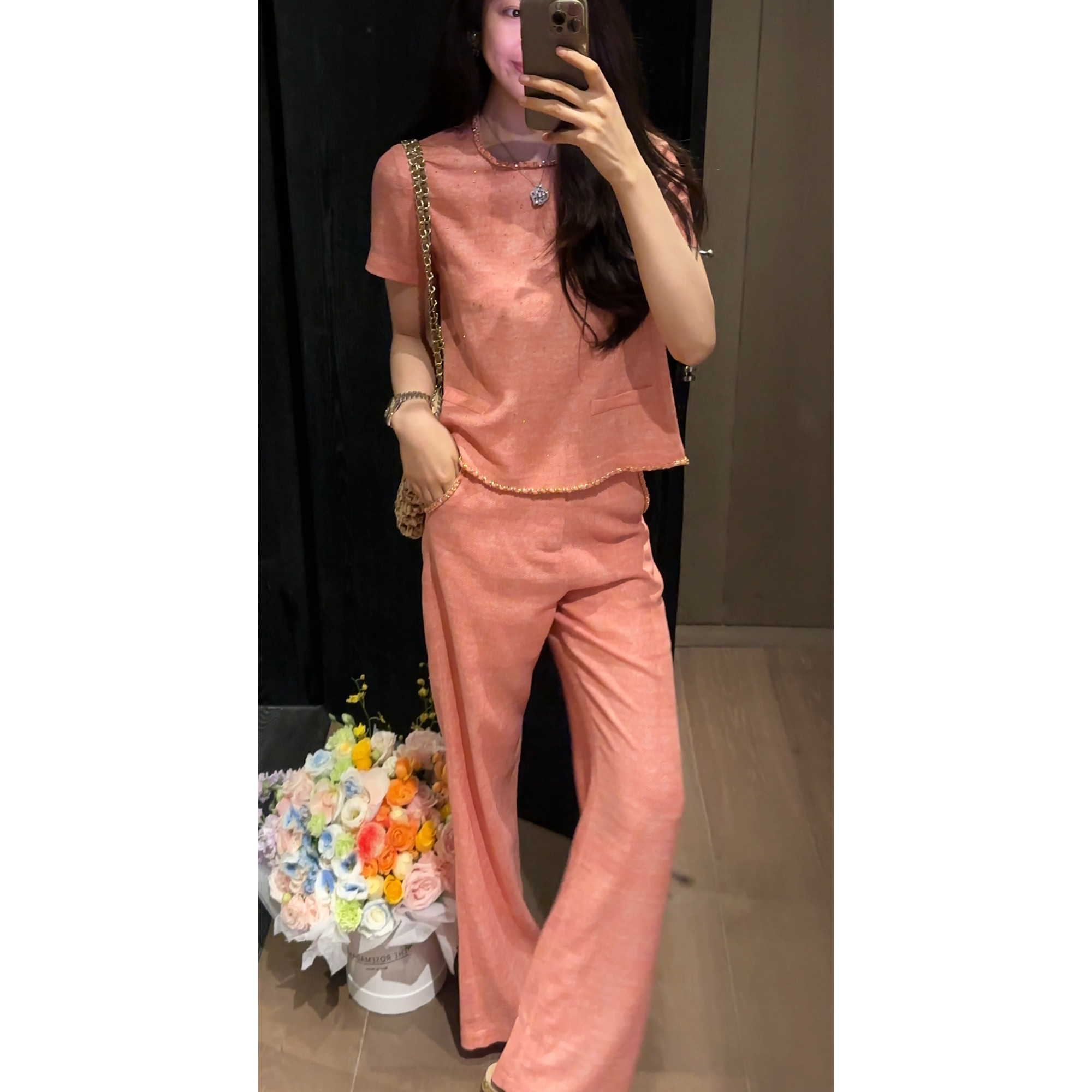 N.COU妮蔻26夏新款精致小香风气质圆领链条显瘦上衣裤子两件套