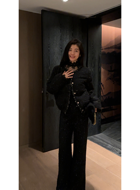 N.COU妮蔻25冬新款黑色小香风高级感贵气保暖编织镶边白鸭绒套装